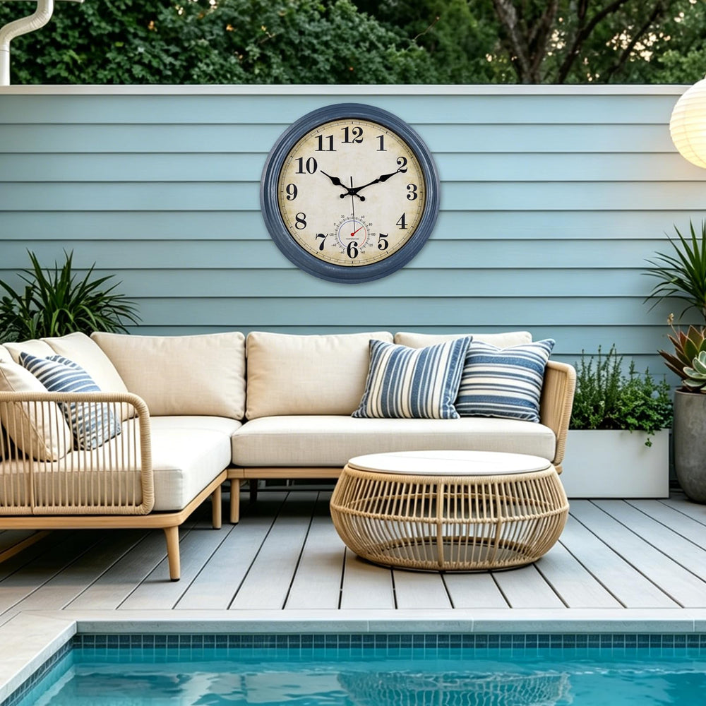 Horizent clock hanging in a garden setting