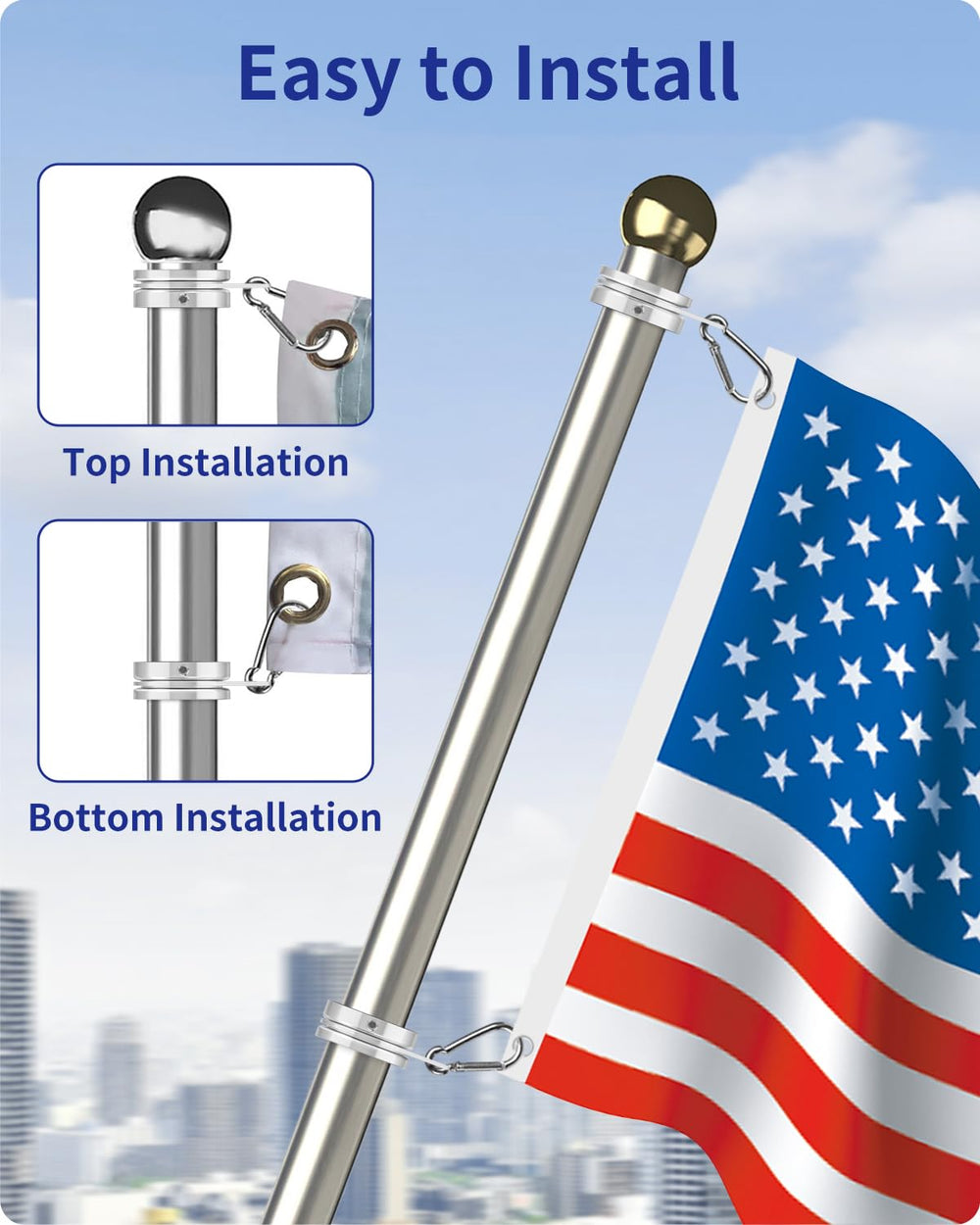 Horizontal view of flag pole rings with flags attached