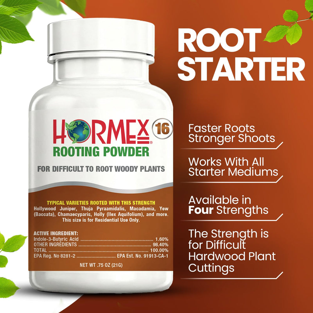 Hormex Rooting Hormone Powder #16 side view with product details