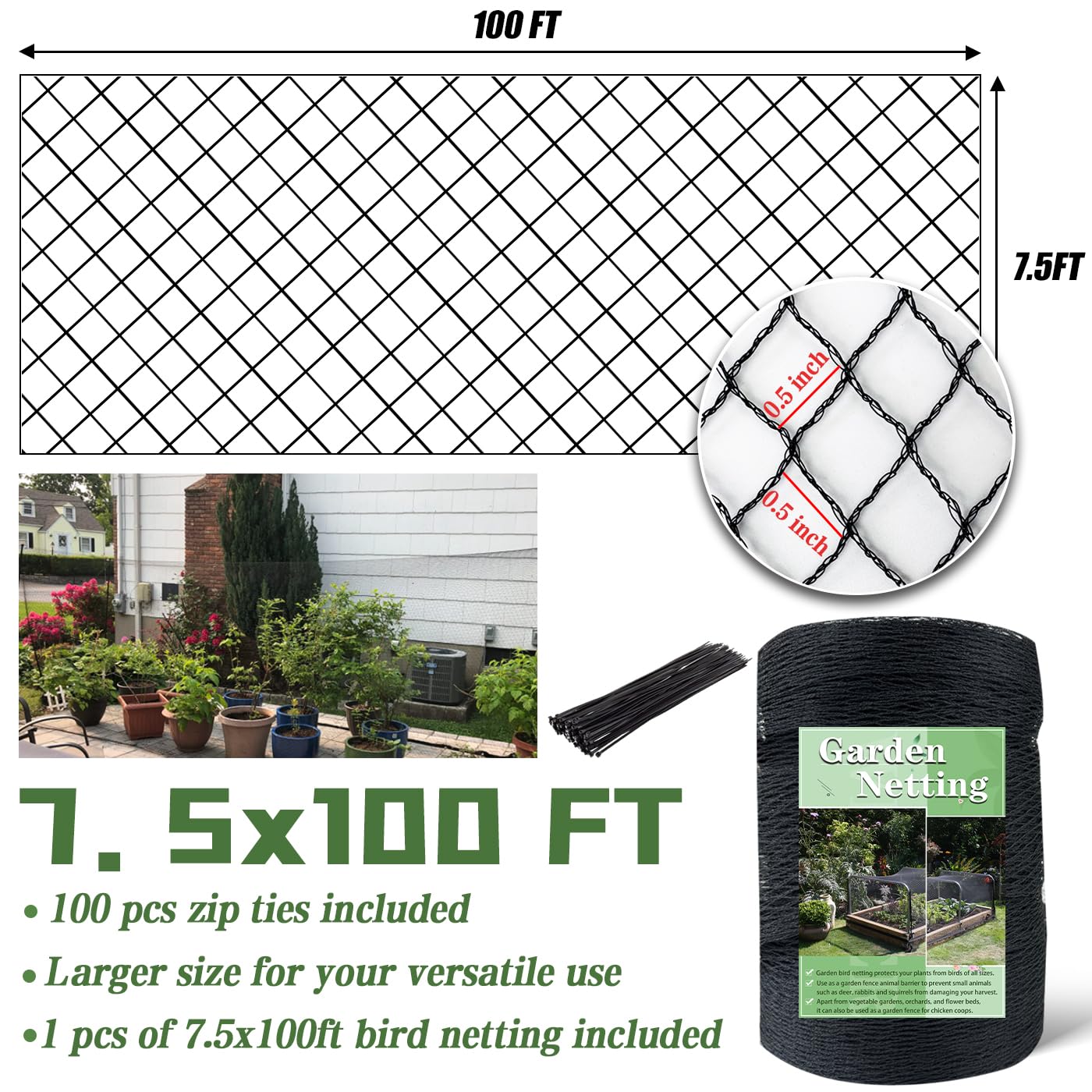 HORTIFAN Bird Netting packaging showing dimensions