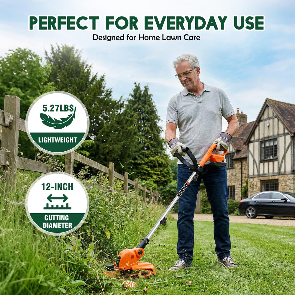 HortiHub string trimmer in use around garden edges