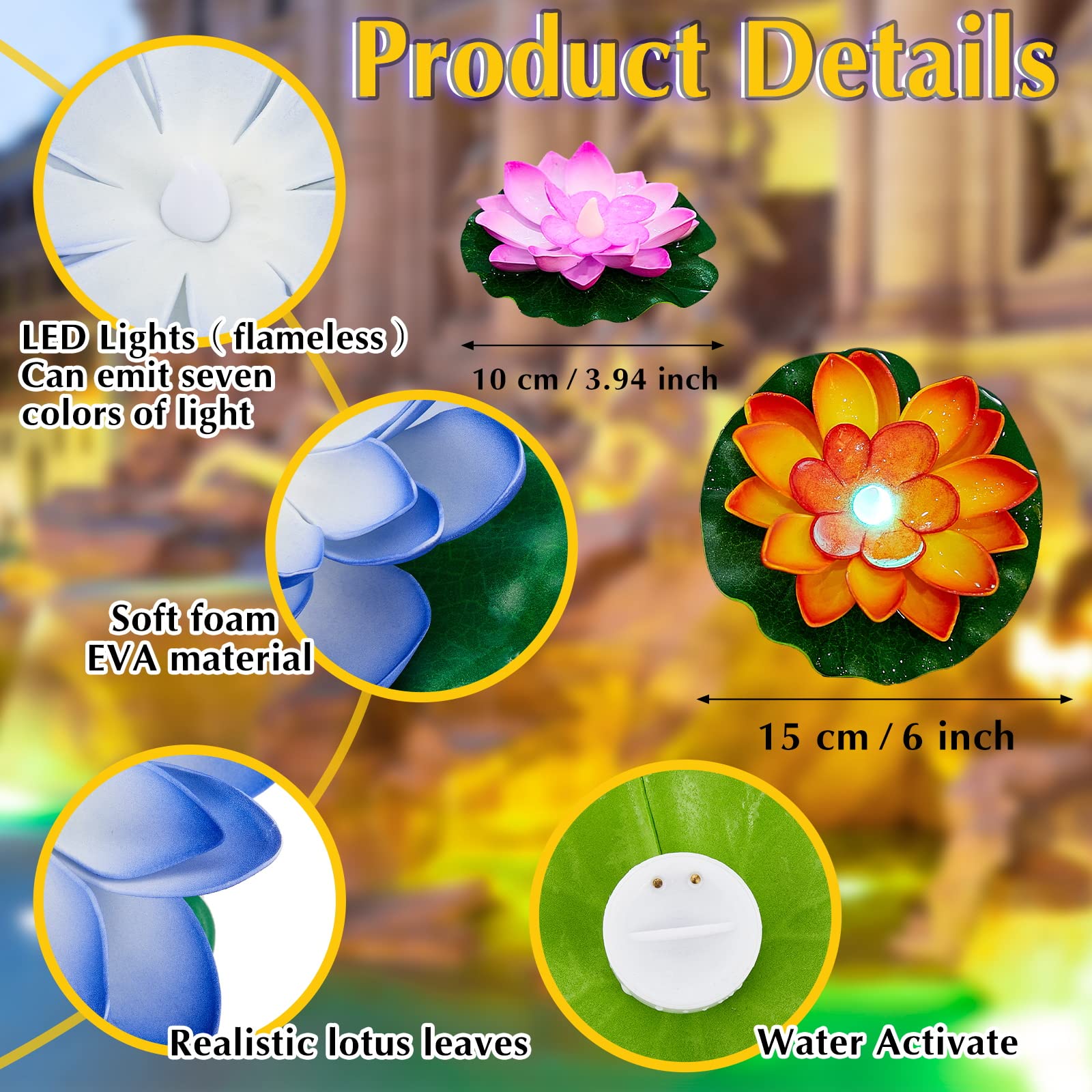 Hortsun Floating Lotus Lights 3.94 inches and 5.91 inches size comparison