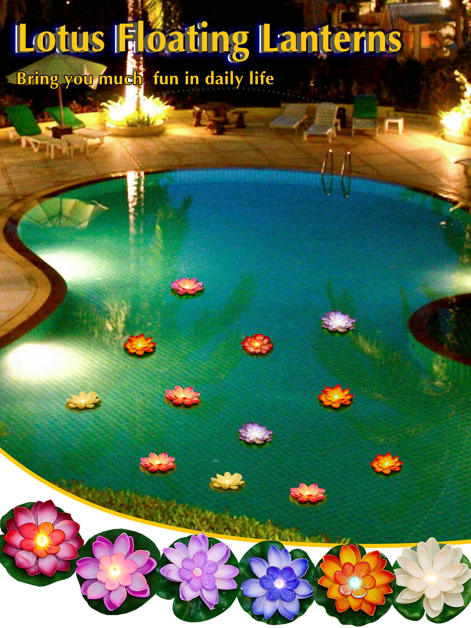 Hortsun Floating Lotus Lights in pool at night