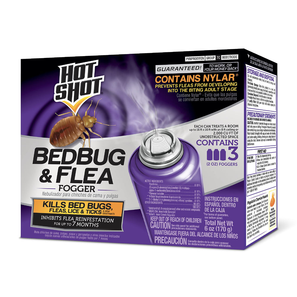 HOT SHOT Bedbug & Flea Fogger 3 count aerosol cans front view