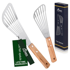 HOTEC 2-Pack Stainless Steel Fish Spatula with Wooden Handle, front view