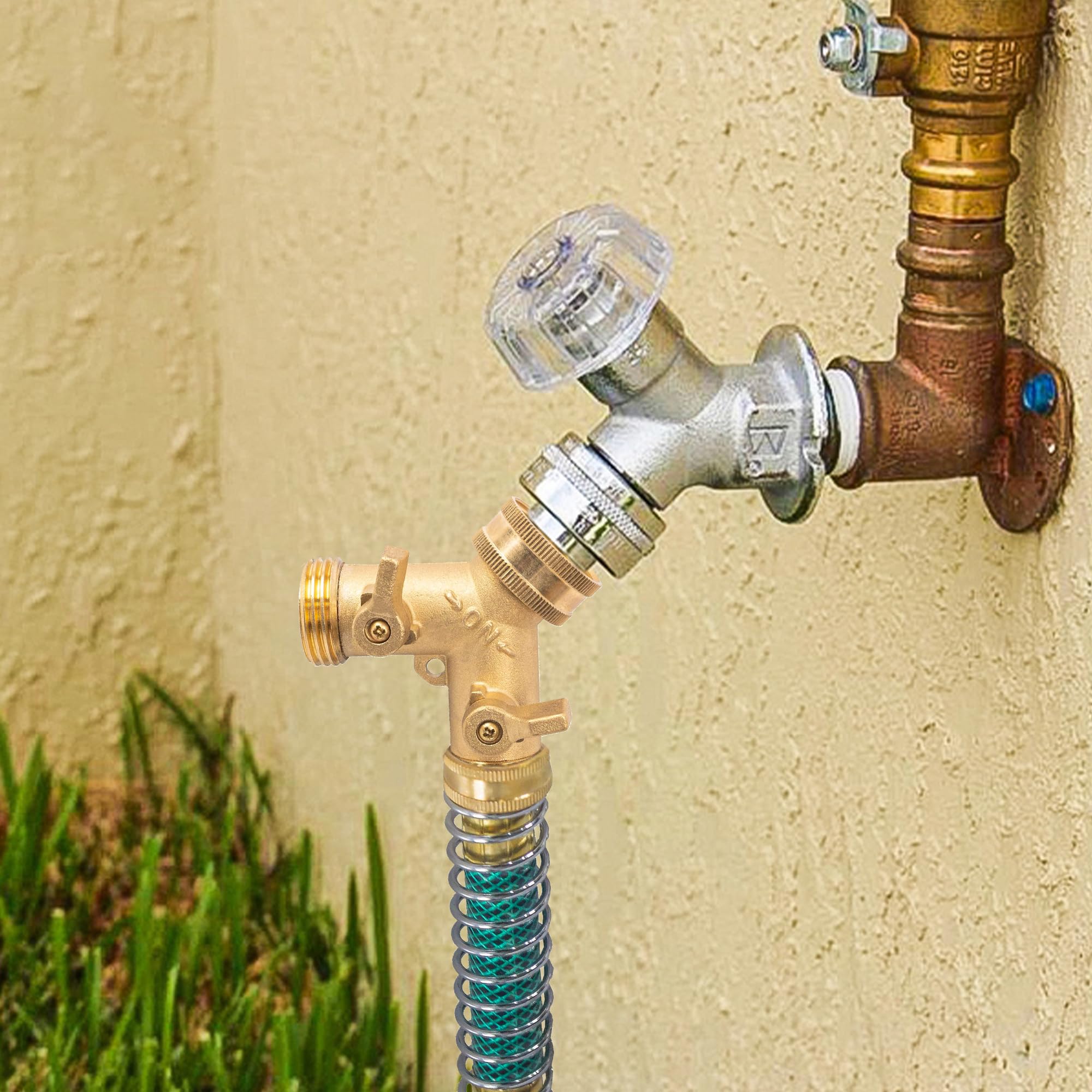 Hourleey 2 Way Hose Splitter in use with garden hose
