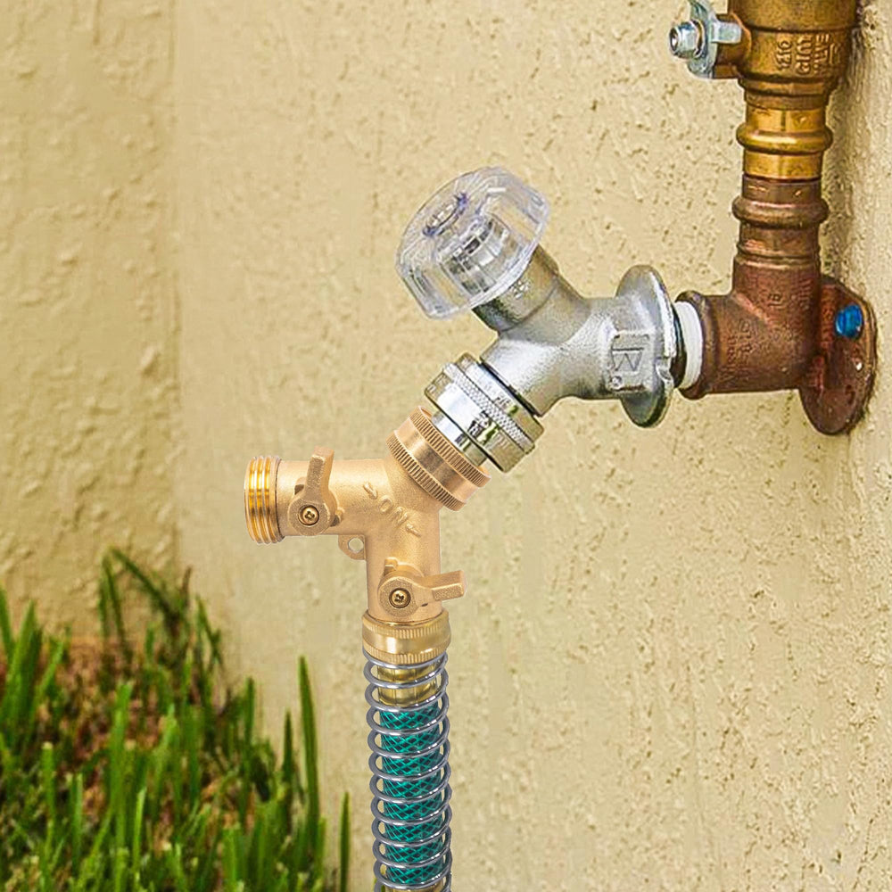 Hourleey 2 Way Hose Splitter in use with garden hose