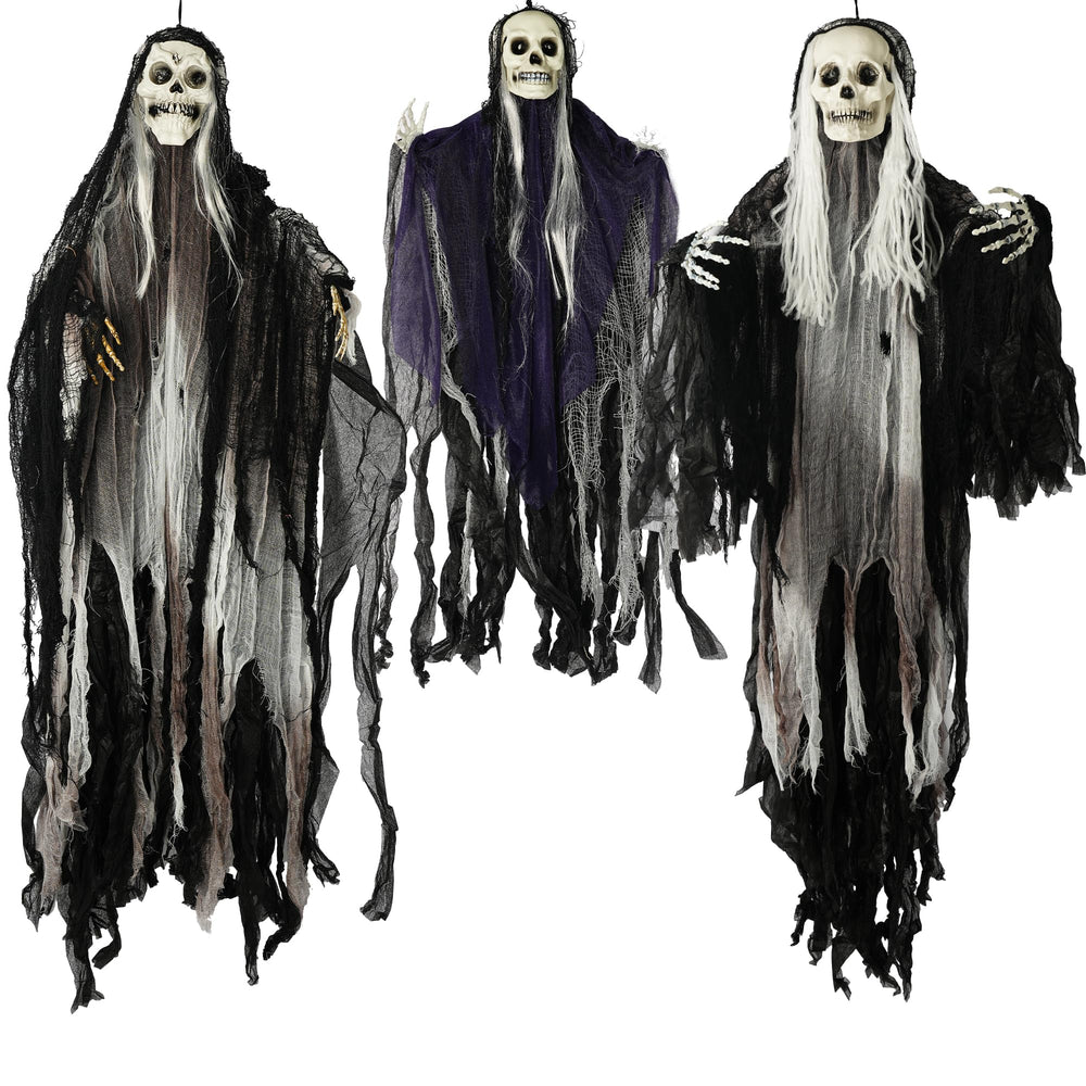 Hourleey 3 Pack Halloween Skeleton Ghosts hanging in a yard