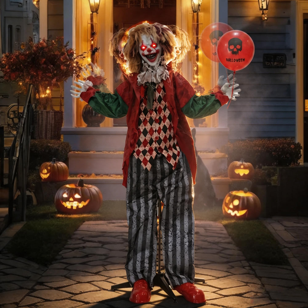 Hourleey clown displayed in a spooky outdoor Halloween scene
