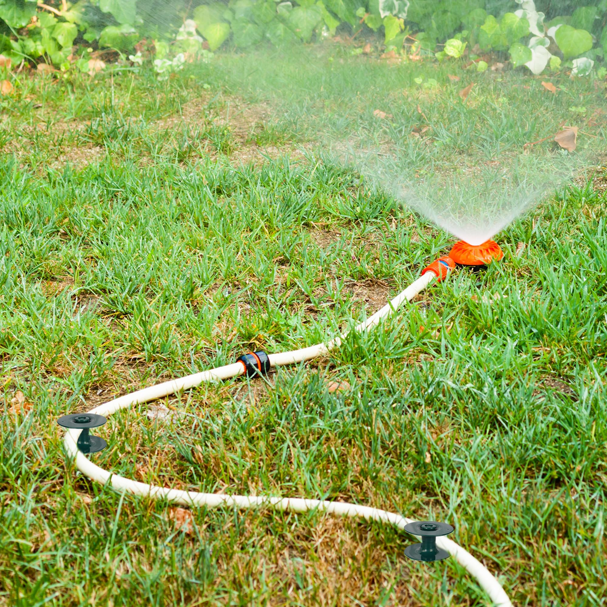 Hourleey garden hose guide spike in use with a garden hose
