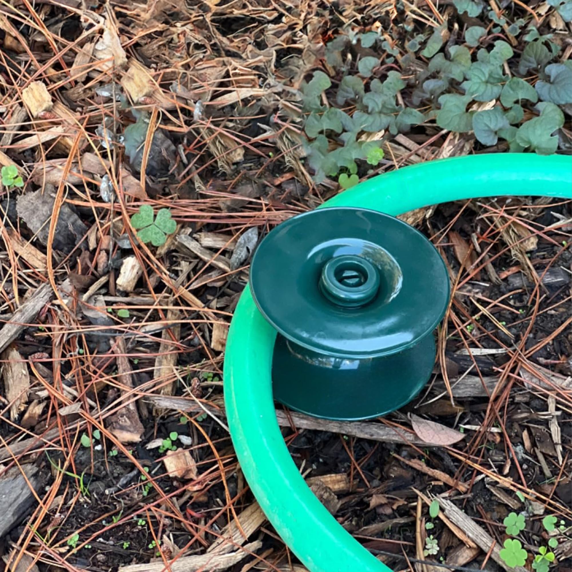 Hourleey garden hose guide spikes set in a flower bed