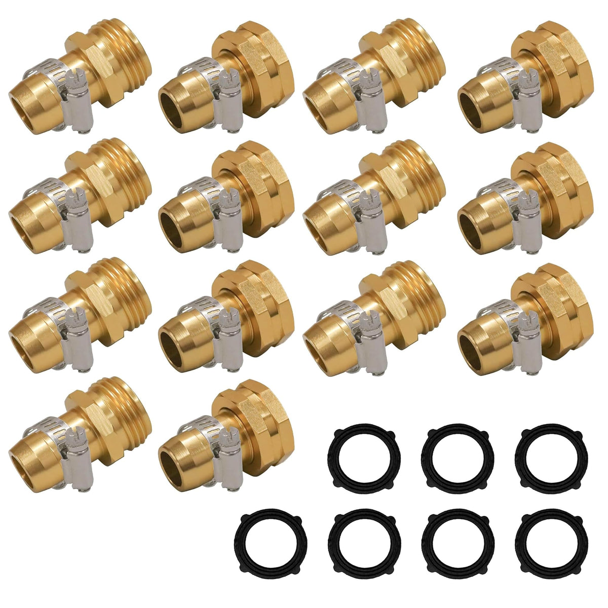 Hourleey garden hose repair connector kit front view with gold connectors