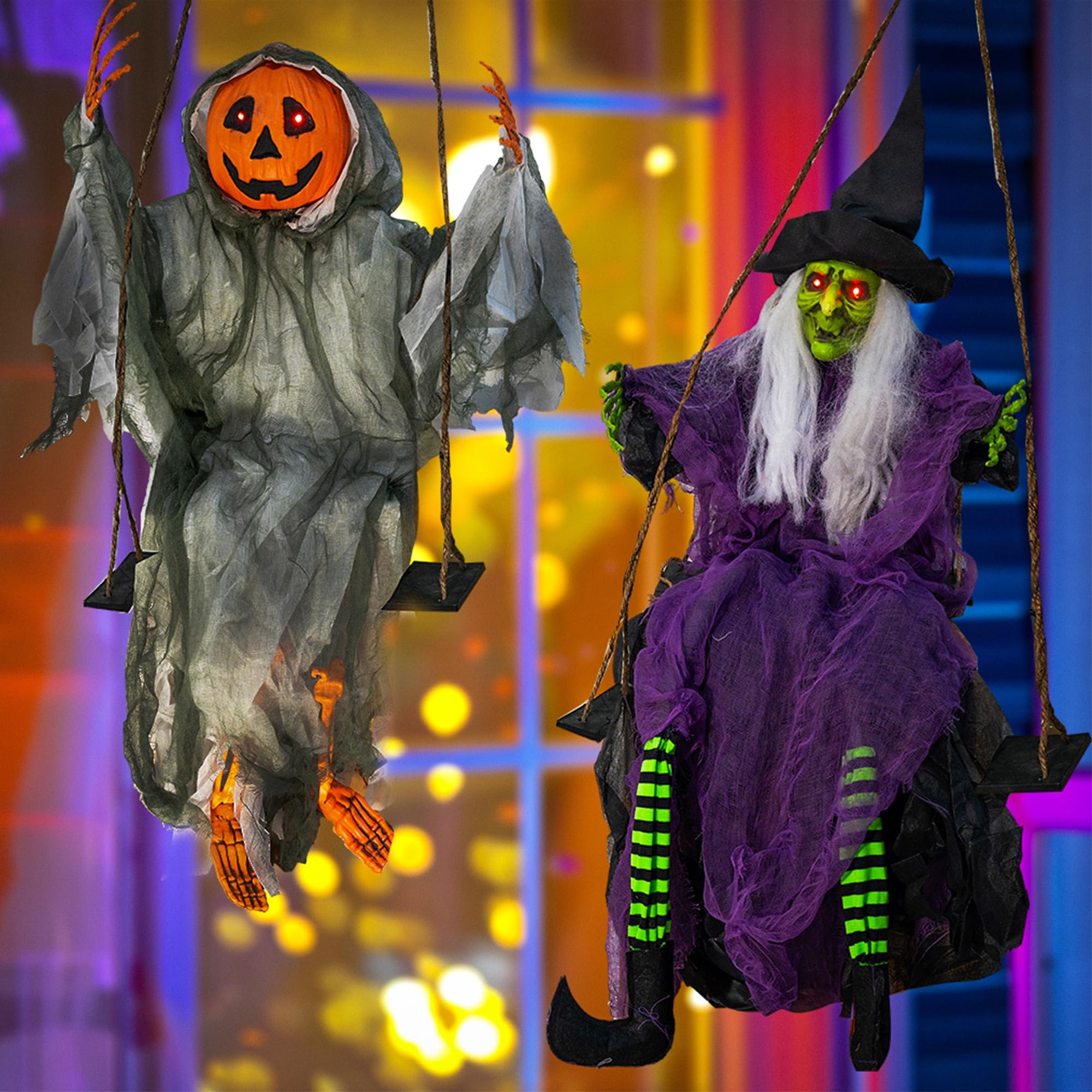Hourleey Halloween decorations hanging in a garden