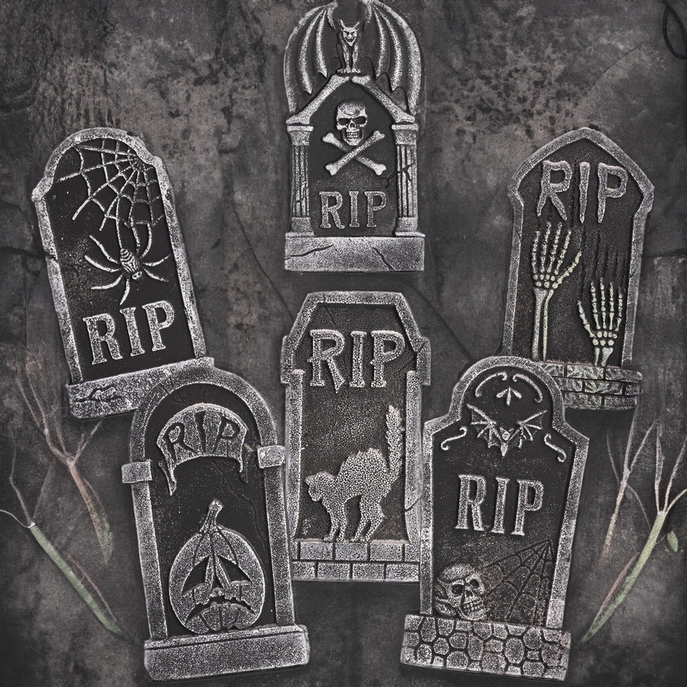 Hourleey Halloween Foam Tombstones set up in a garden