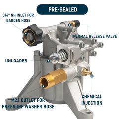 Hourleey pressure washer pump showing 3/4" NH garden hose inlet
