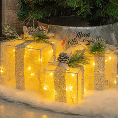 Hourleey Set of 3 Christmas Lighted Gift Boxes, warm white LED lights