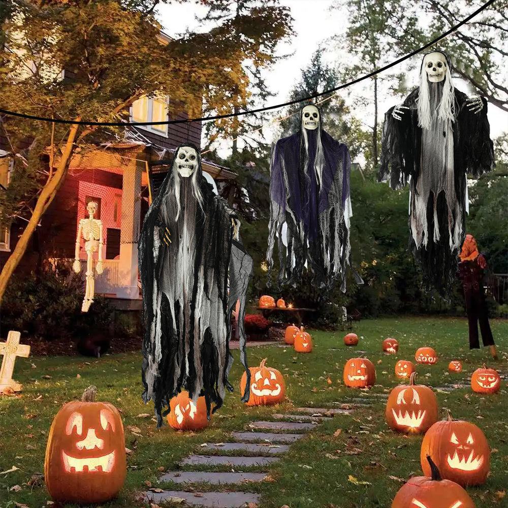Hourleey skeleton ghosts in a Halloween party setting