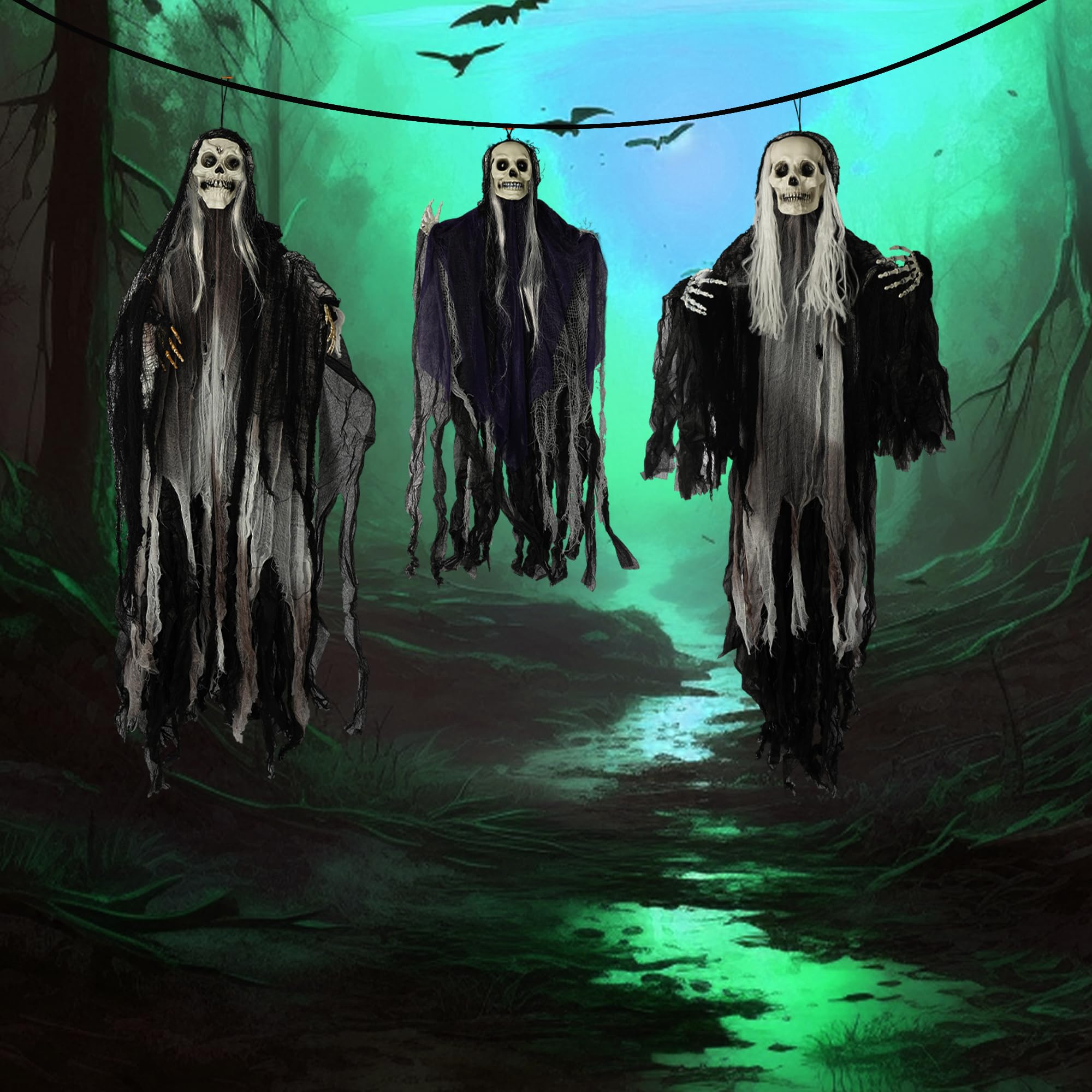 Hourleey skeletons with creepy skull heads and white hair