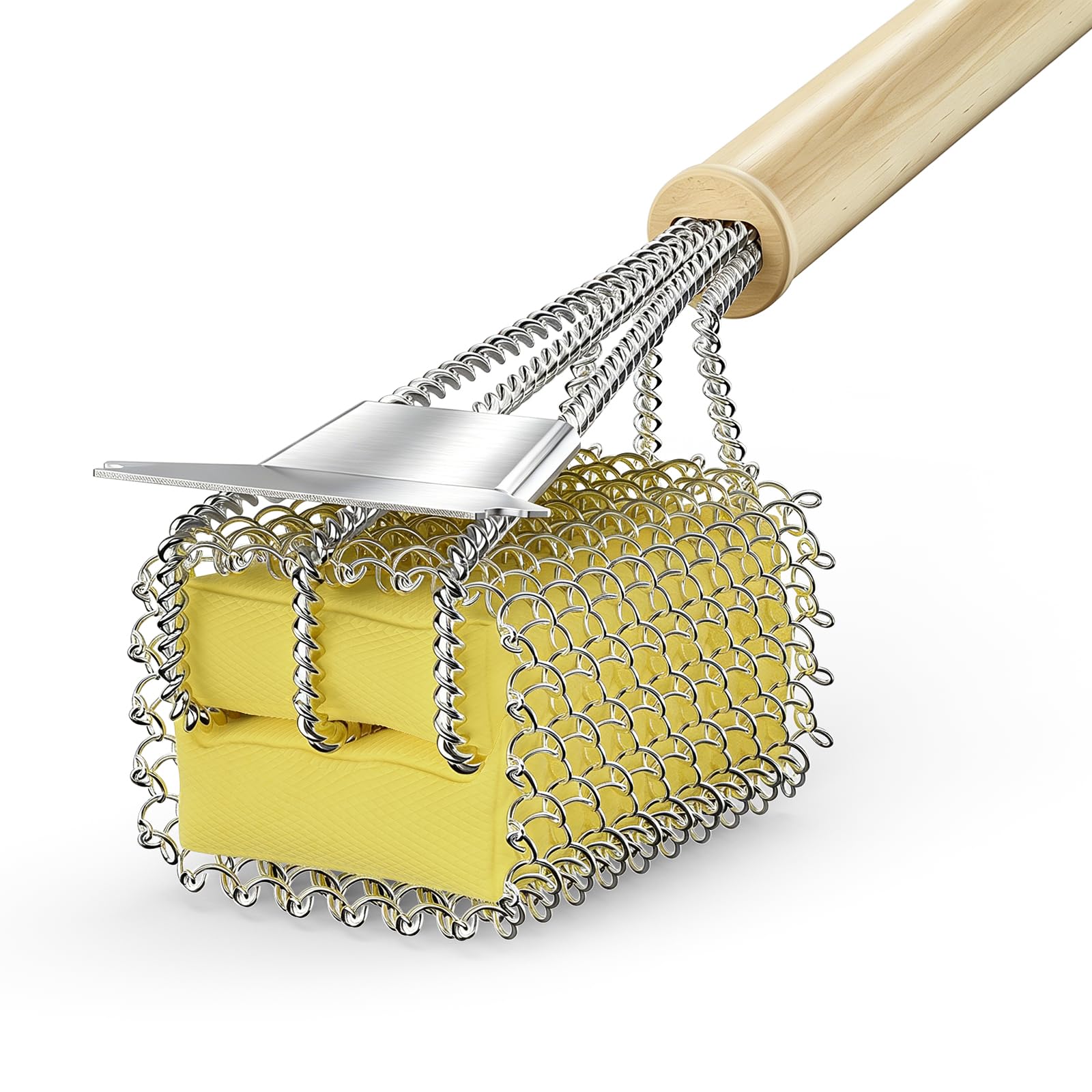 HOUSE AGAIN Bristle-Free Grill Brush front view with natural wood handle