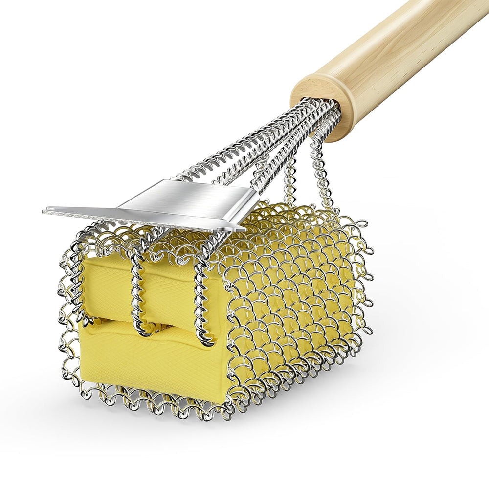 HOUSE AGAIN Bristle-Free Grill Brush front view with natural wood handle