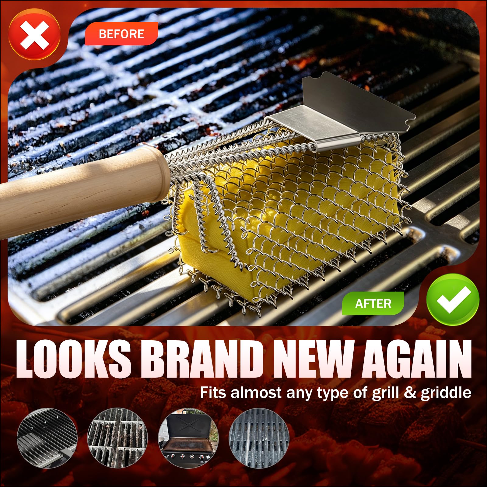 HOUSE AGAIN Bristle-Free Grill Brush side view showing stainless steel mesh head