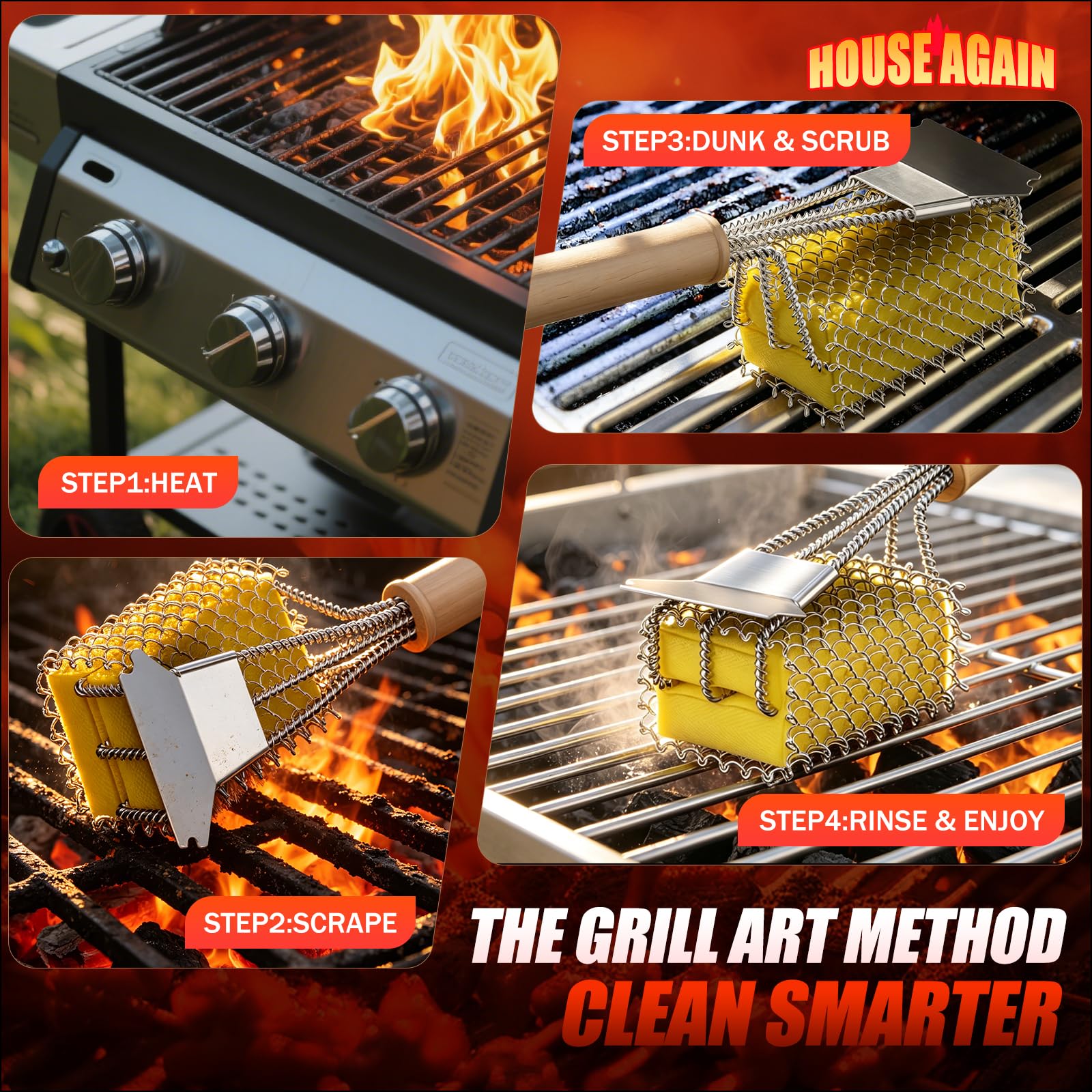 HOUSE AGAIN Bristle-Free Grill Brush with dimensions for reference
