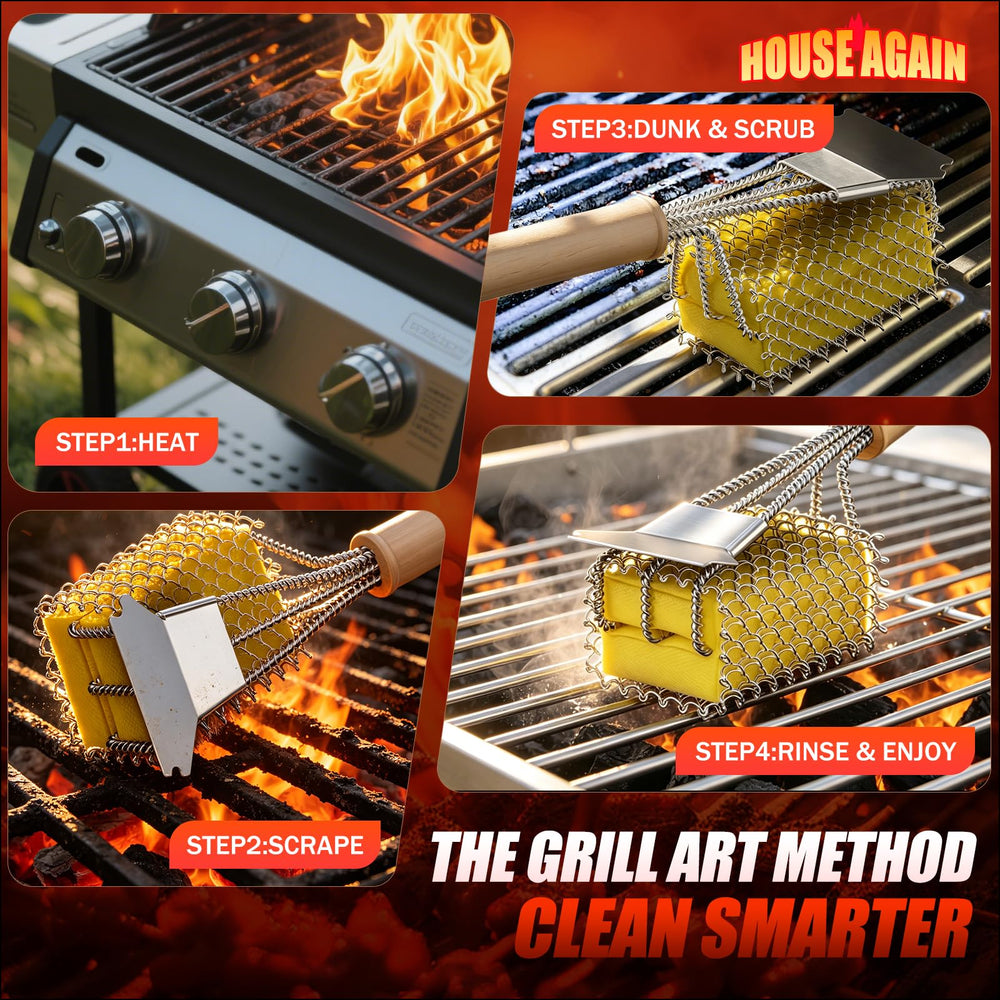 HOUSE AGAIN Bristle-Free Grill Brush with dimensions for reference