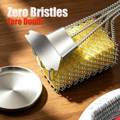 HOUSE AGAIN Bristle-Free Grill Brush with scraper in action on a grill
