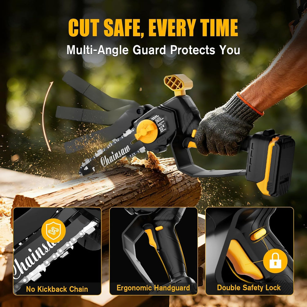 Houselife Mini Chainsaw with safety features highlighted
