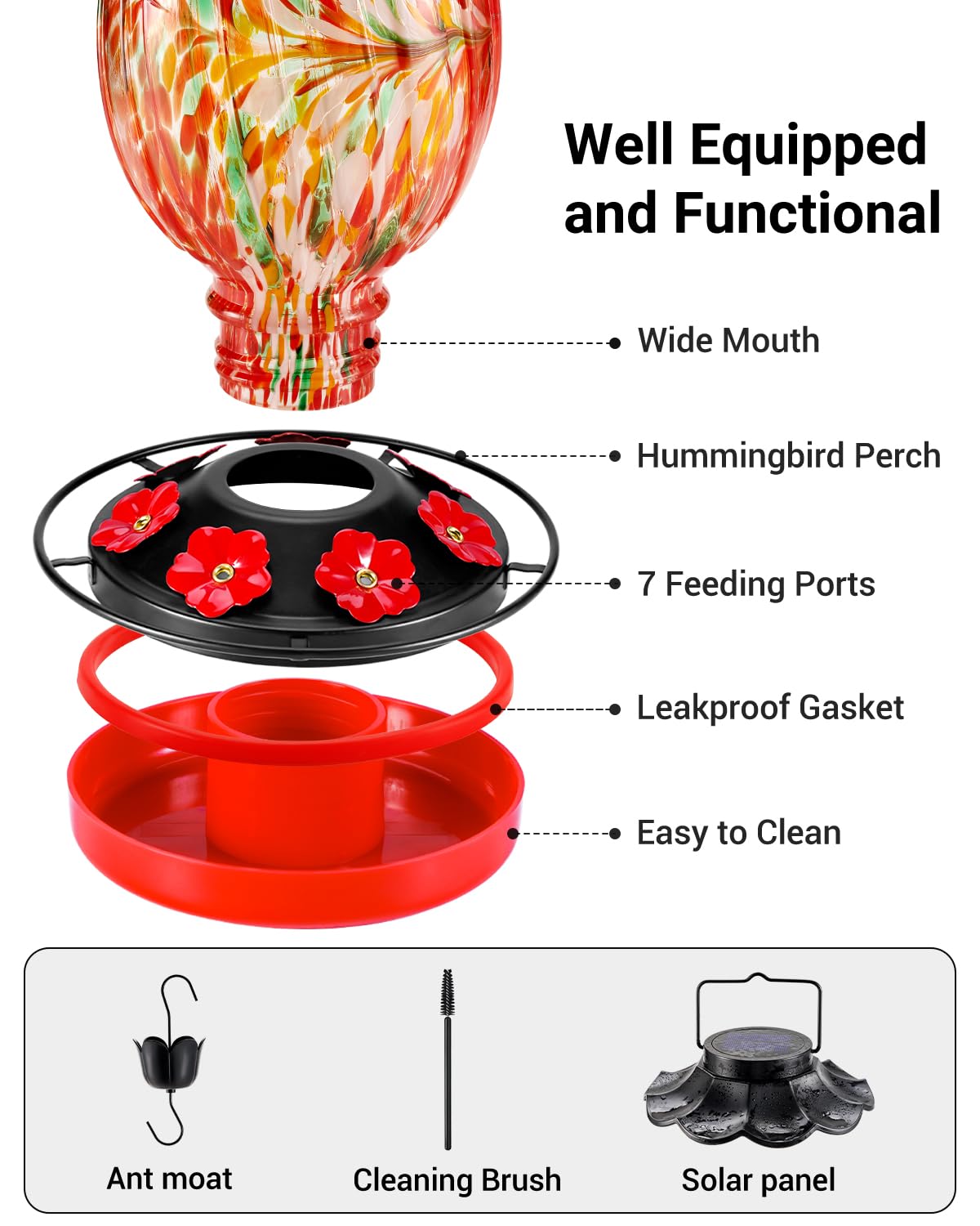HouseSapp hummingbird feeder with solar lights at night