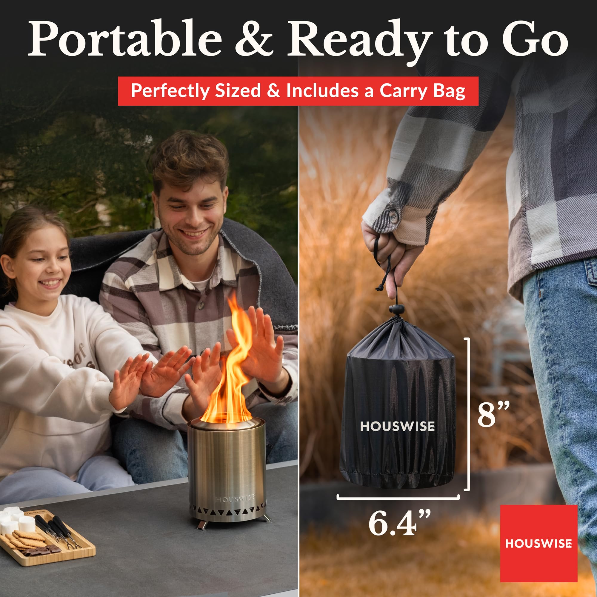 Houswise Smokeless Tabletop Fire Pit side view with wood pellets
