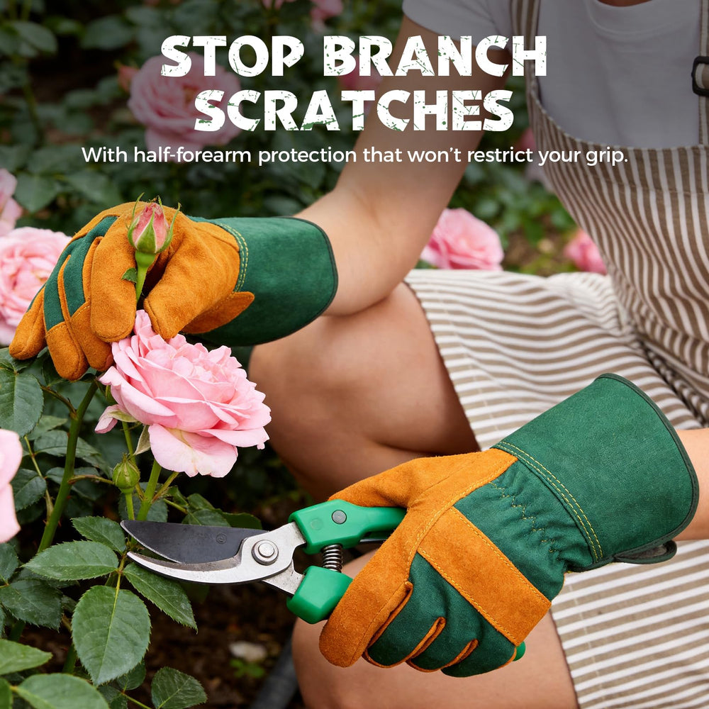 Hovico Gardening Gloves displayed next to gardening tools