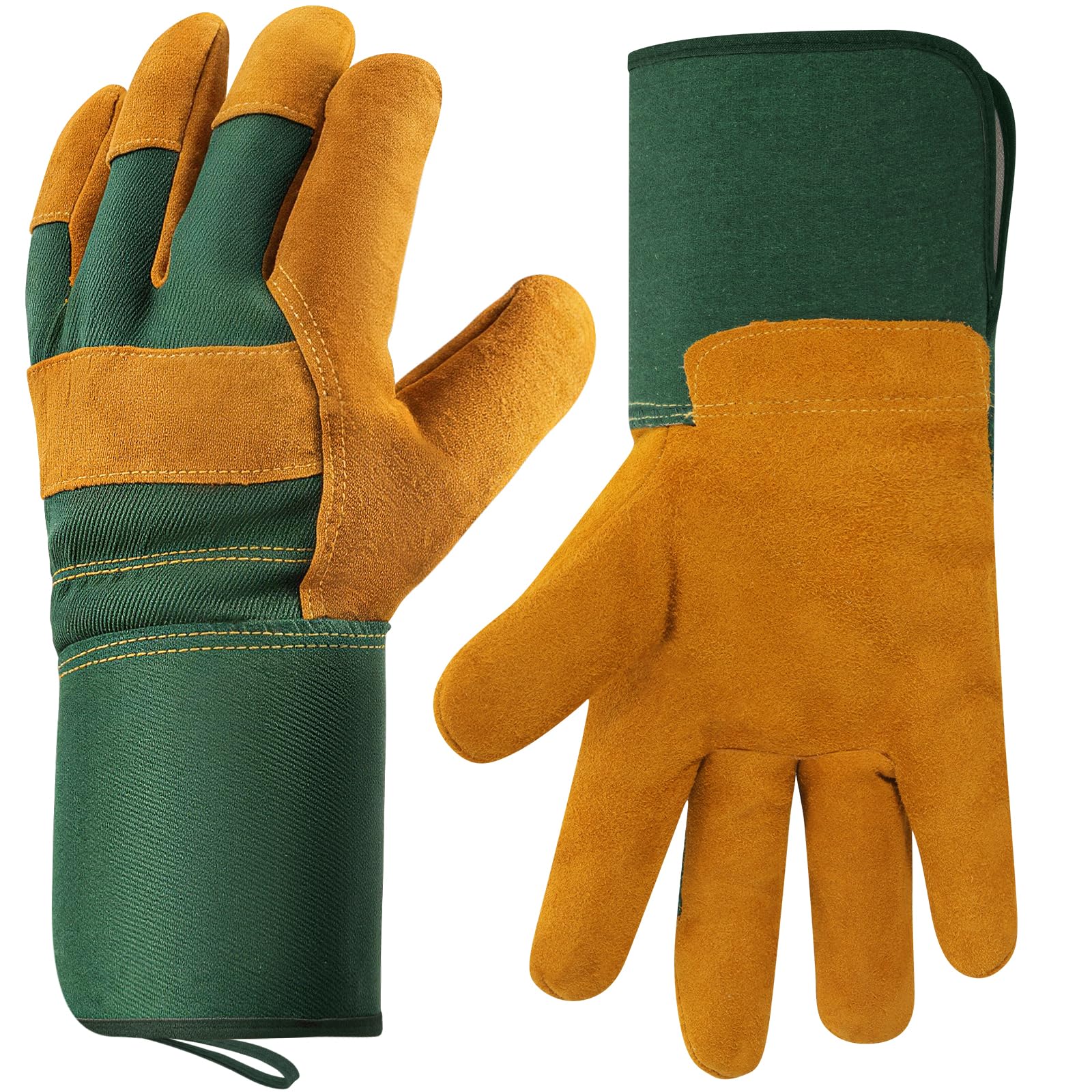 Hovico Gardening Gloves front view, green and brown cowhide leather