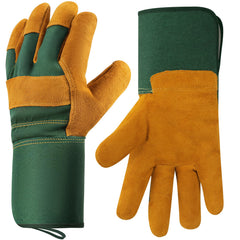 Hovico Gardening Gloves front view, green and brown cowhide leather