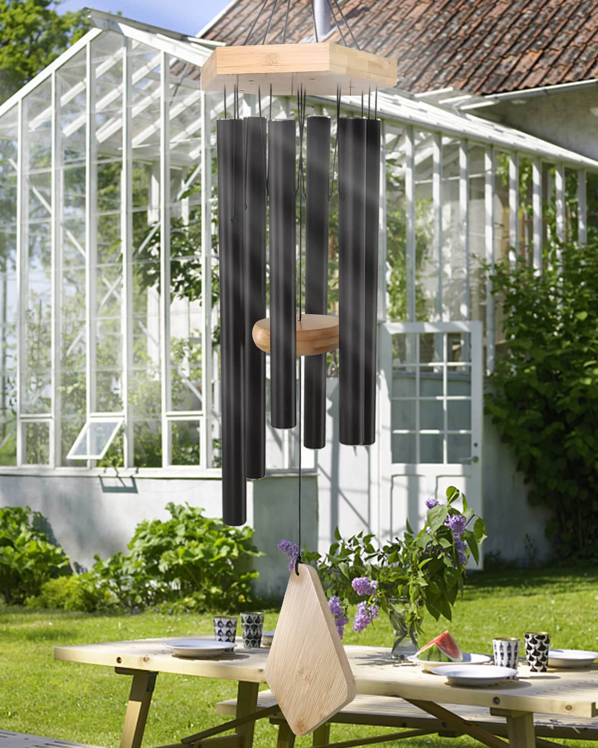 Howarmer black wind chime on patio