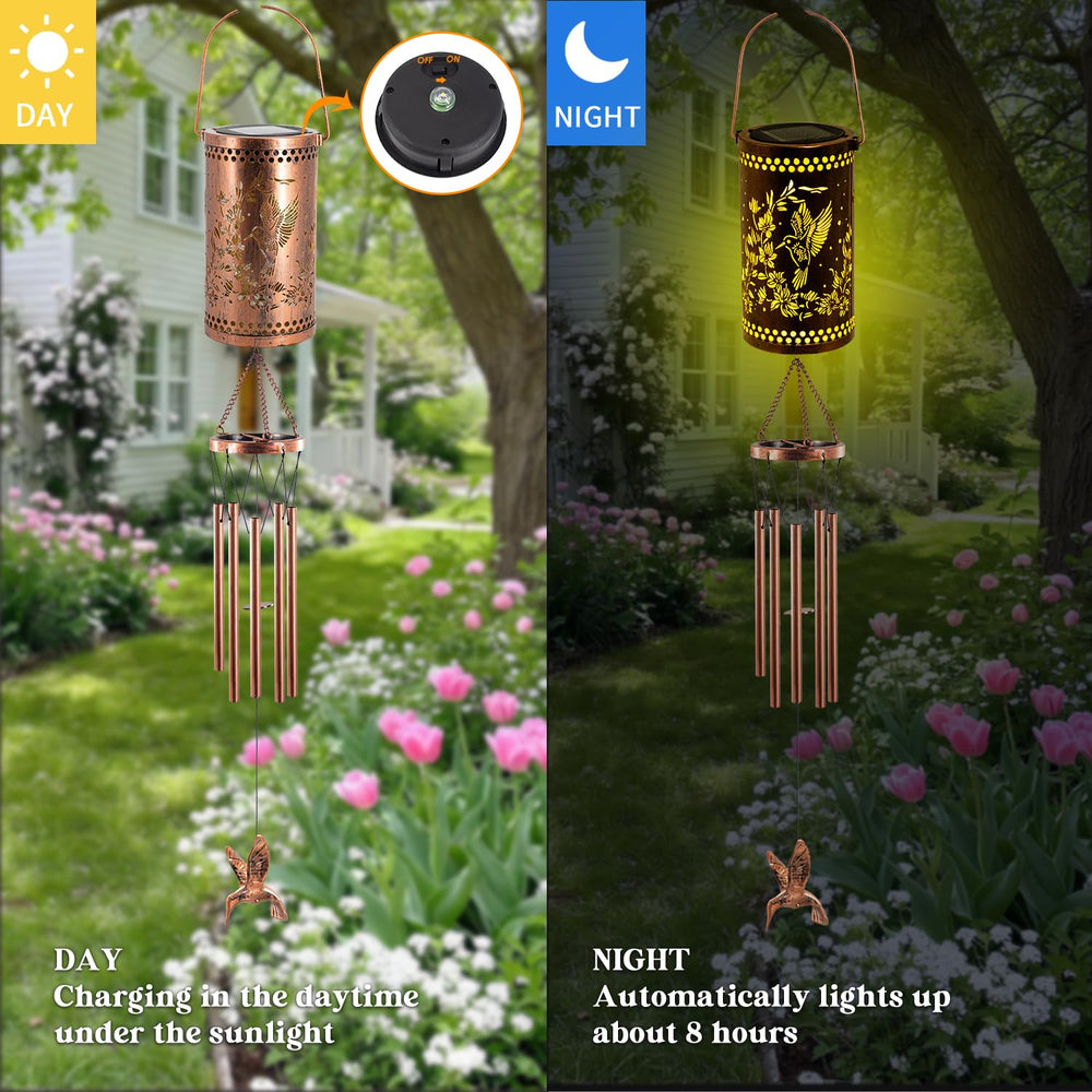Howarmer Hummingbird Solar Wind Chimes illuminated at night in a garden