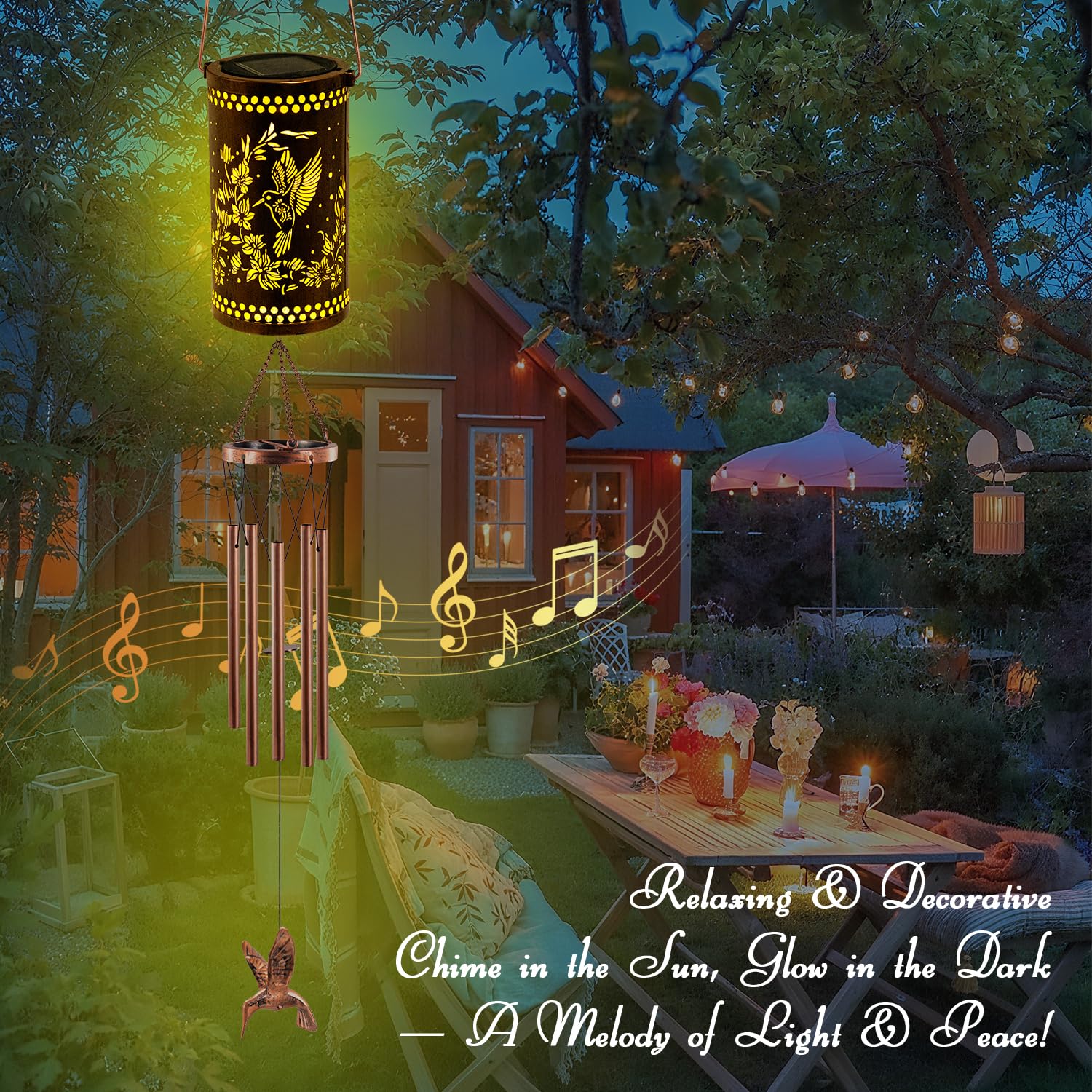 Howarmer Hummingbird Solar Wind Chimes in outdoor setting