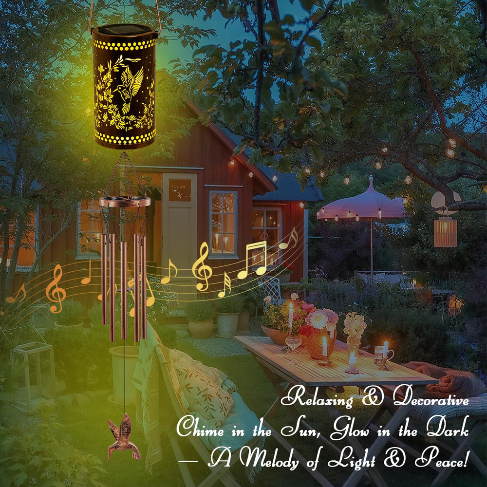 Howarmer Hummingbird Solar Wind Chimes in outdoor setting