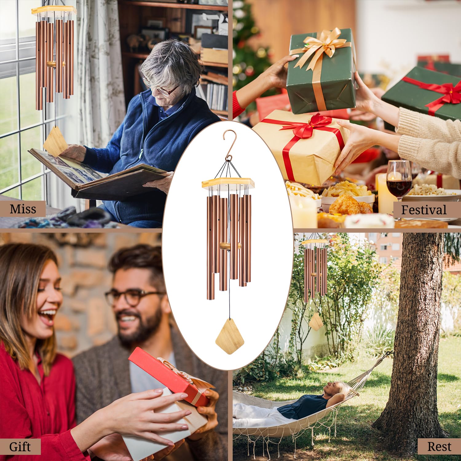 Howarmer red copper wind chime with tree background