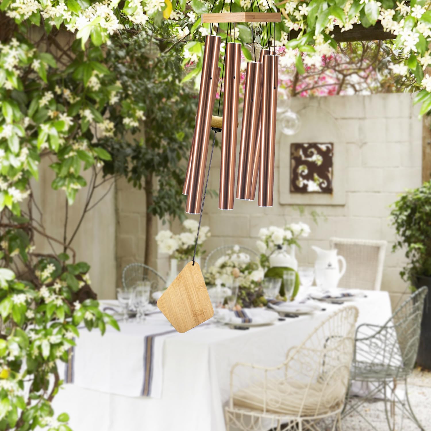 Howarmer wind chime displayed on patio