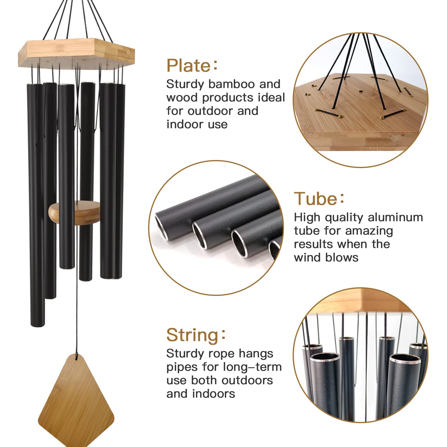 Howarmer wind chime showing aluminum tubes and wood top