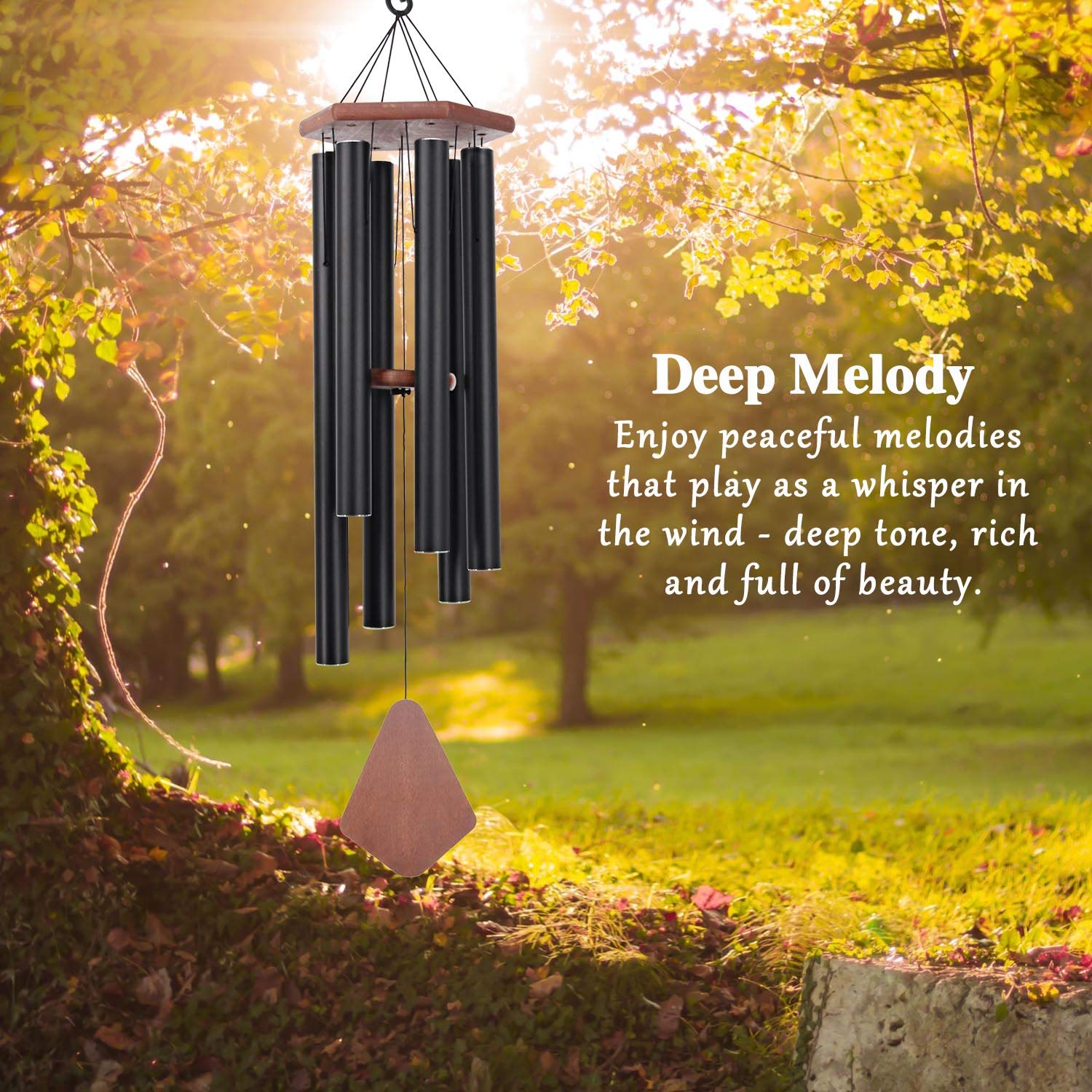 Howarmer wind chimes displayed on a porch with comfortable seating