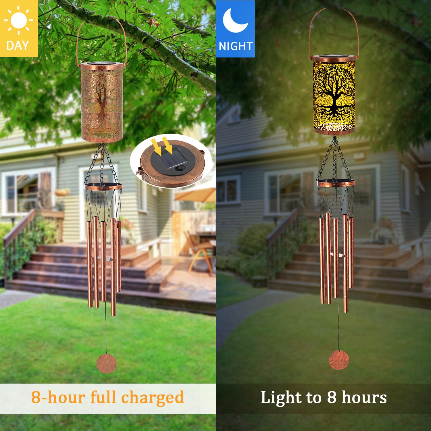 Howarmer wind chimes LED lantern illuminated at night