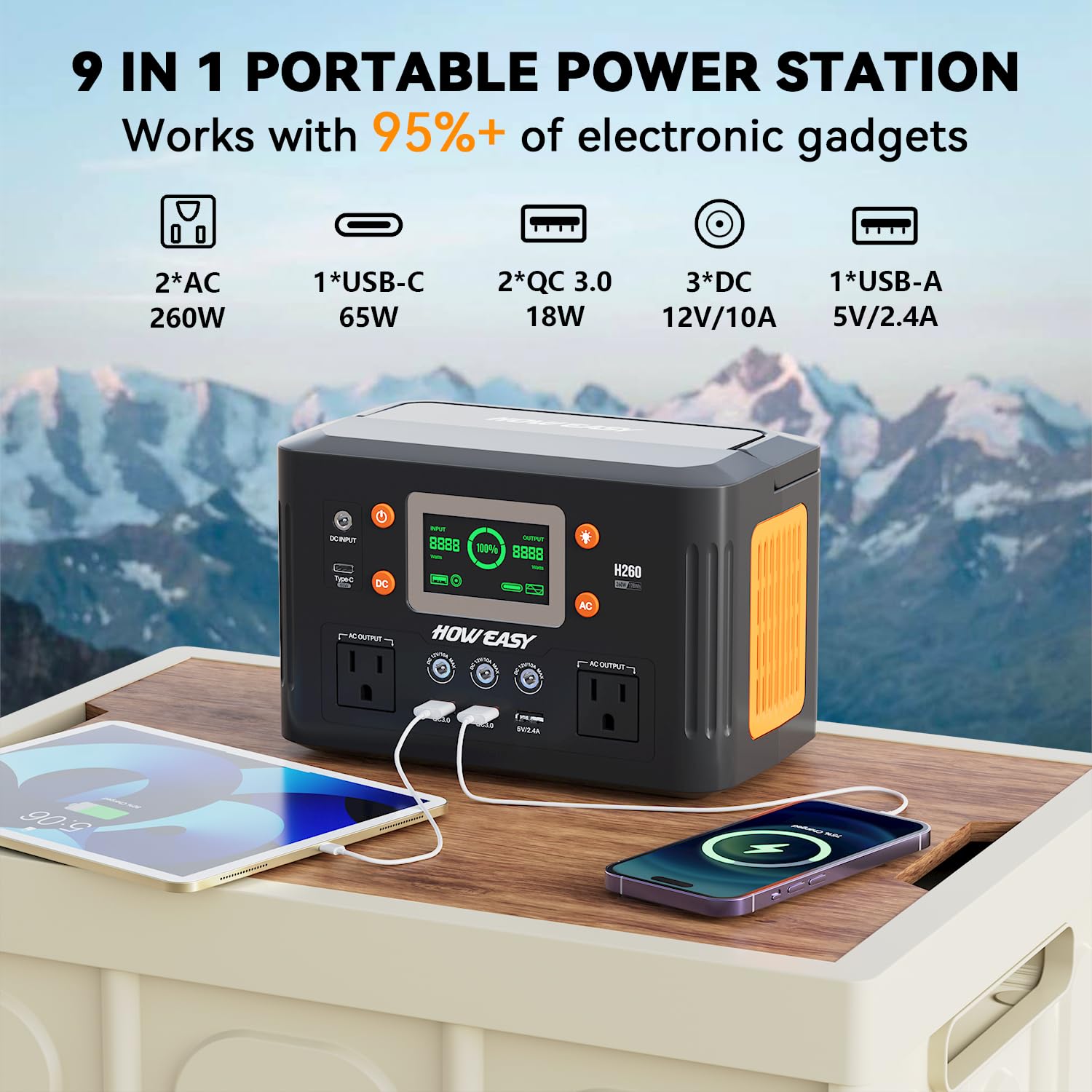 HOWEASY Portable Power Station back view with LED flashlight