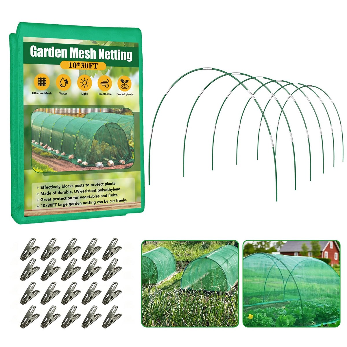 Hoyejyou Garden Netting Kit 10x30FT with fiberglass hoops and connectors