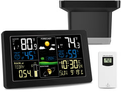 HQcontL Digital Rain Gauge Weather Station front view with colorful LCD display
