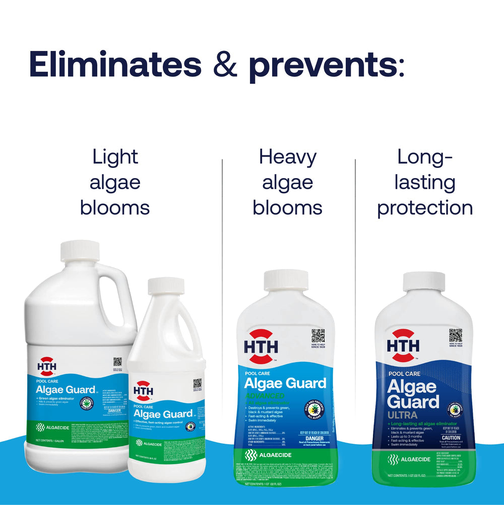 HTH Algae Guard Ultra bottle on a table