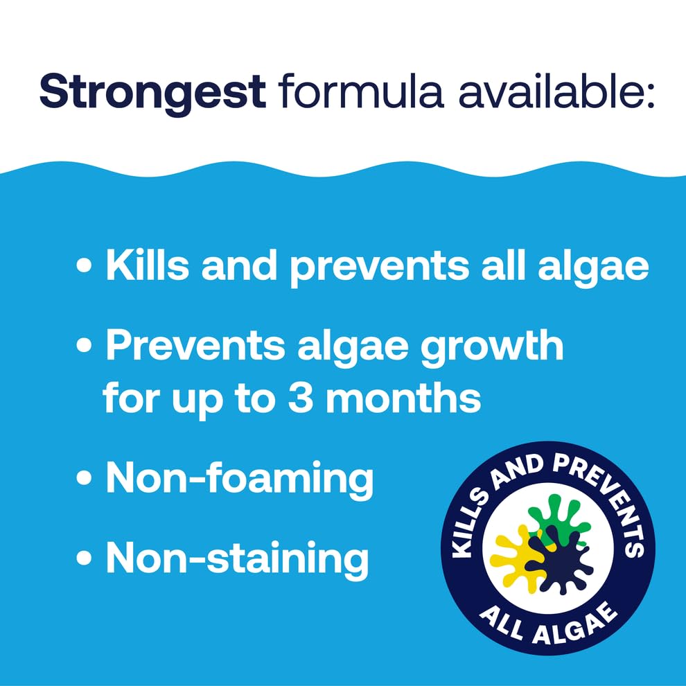 HTH Algae Guard Ultra pool care product in a garden setting