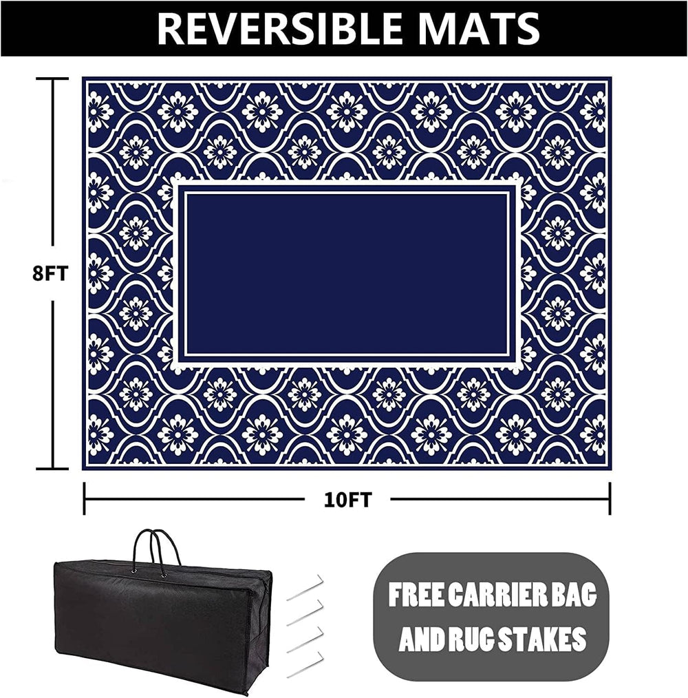 HUGEAR 8x10 navy blue outdoor rug displayed on a patio