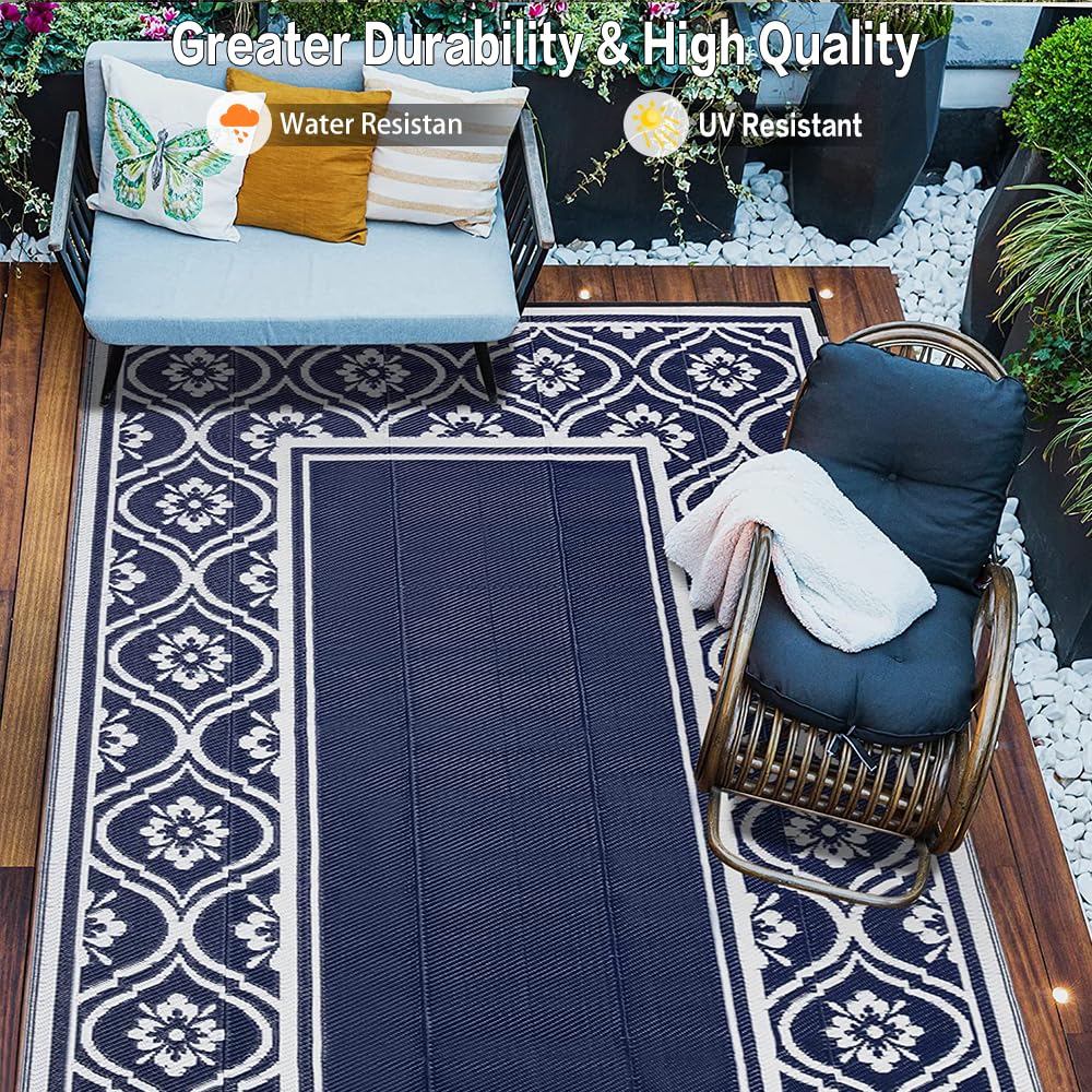 HUGEAR 8x10 navy blue outdoor rug in a camping setting